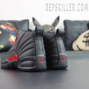 Air Jordan 12 Retro “Bloodline” rear angled view showcasing classic black and red Jordan styling