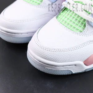 Air Jordan 4 Retro GS “Valentine’s Day” toe box detail with white leather and green mesh paneling