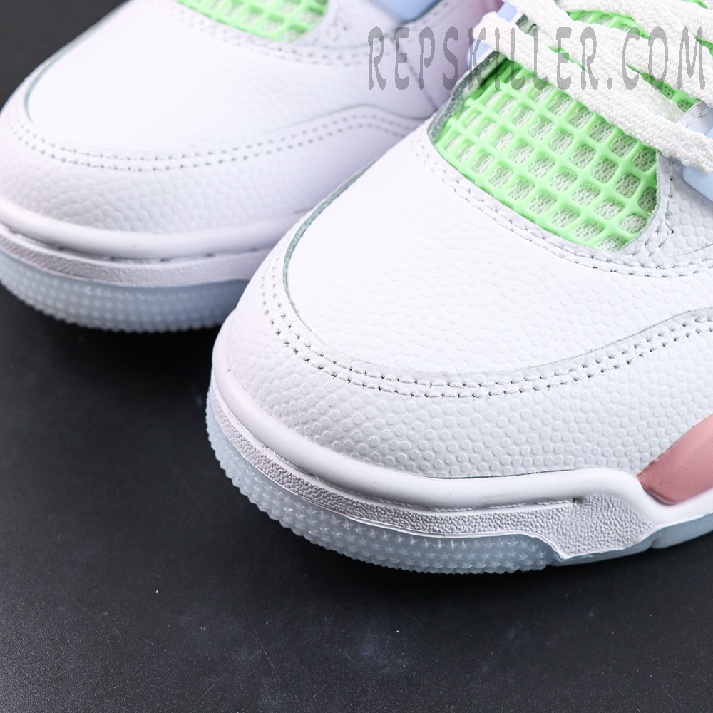 Air Jordan 4 Retro GS “Valentine’s Day” toe box detail with white leather and green mesh paneling