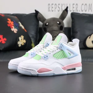 Air Jordan 4 Retro GS “Valentine’s Day” pair display with white, pink, and mint color blocking