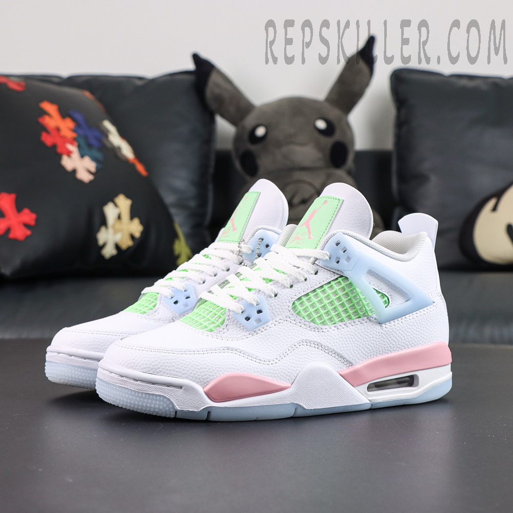 Air Jordan 4 Retro GS “Valentine’s Day” pair display with white, pink, and mint color blocking
