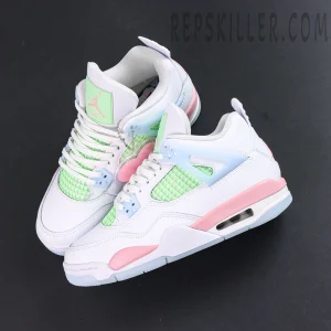 Air Jordan 4 Retro GS “Valentine’s Day” top view with mint green mesh panels and pink midsole accents