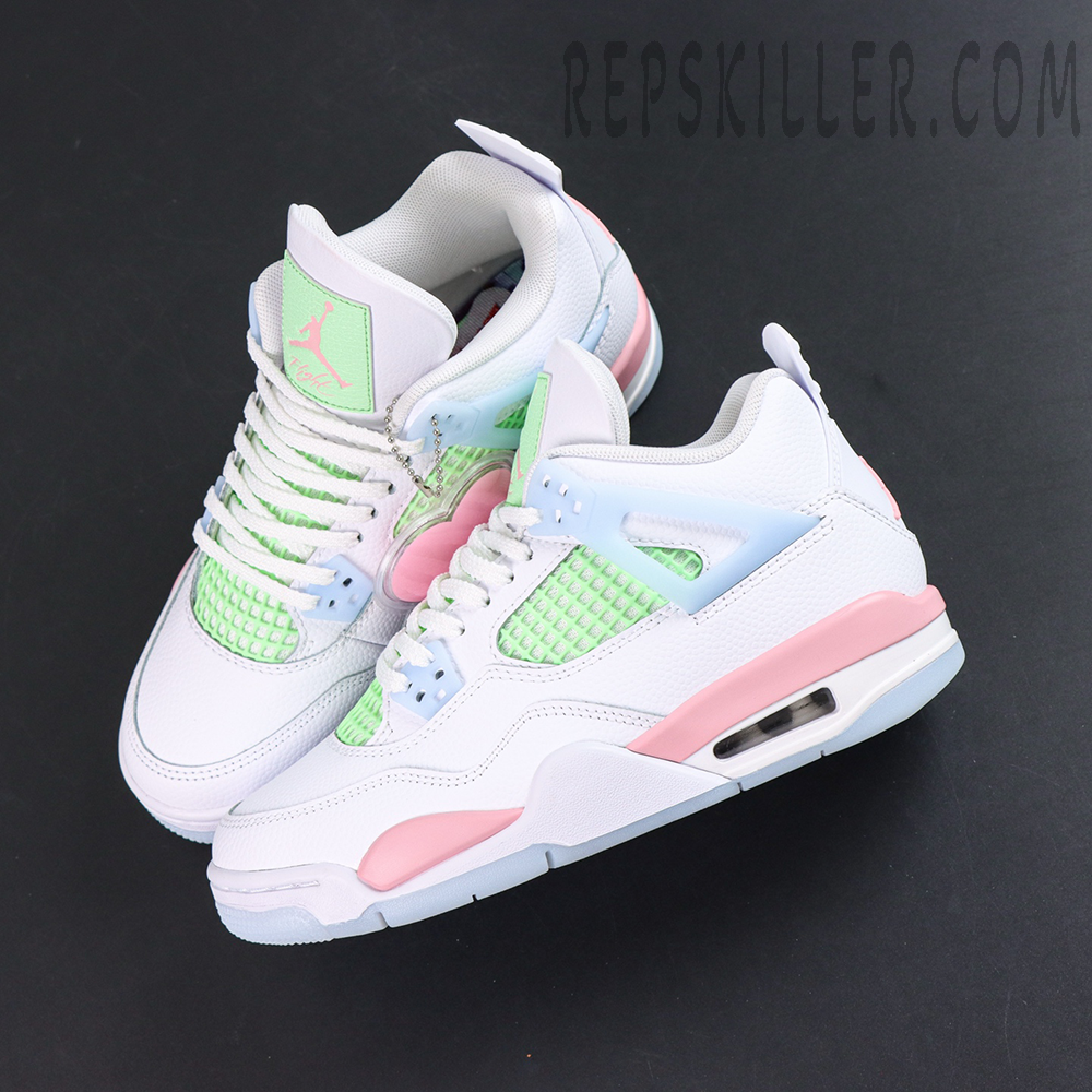 Air Jordan 4 Retro GS “Valentine’s Day” top view with mint green mesh panels and pink midsole accents