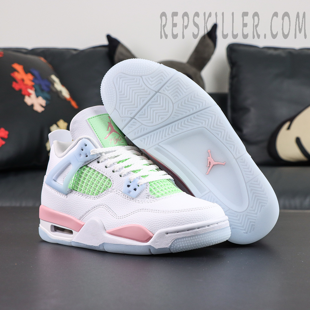 Air Jordan 4 Retro GS “Valentine’s Day” outsole view with icy blue rubber sole and pink Jumpman logo