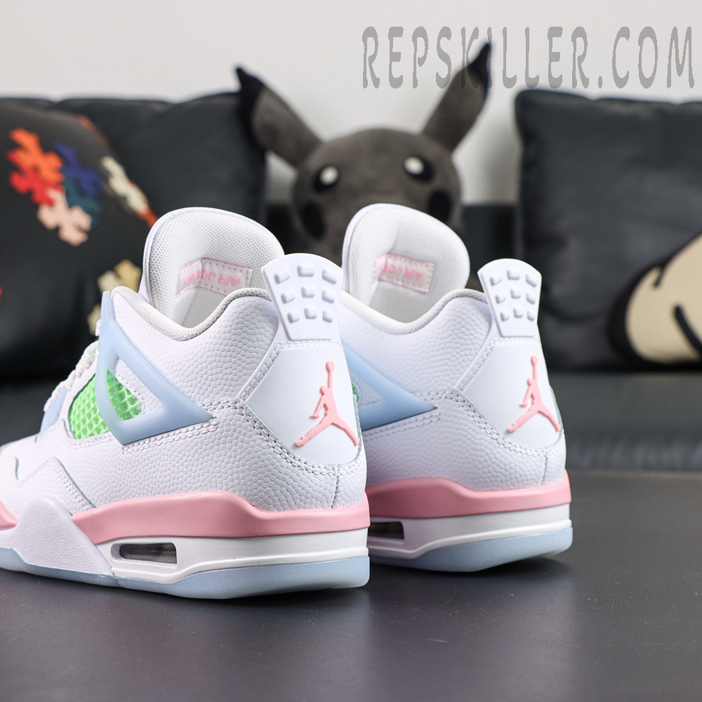 Air Jordan 4 Retro GS “Valentine’s Day” heel view with pink Jumpman logo and light blue support wings