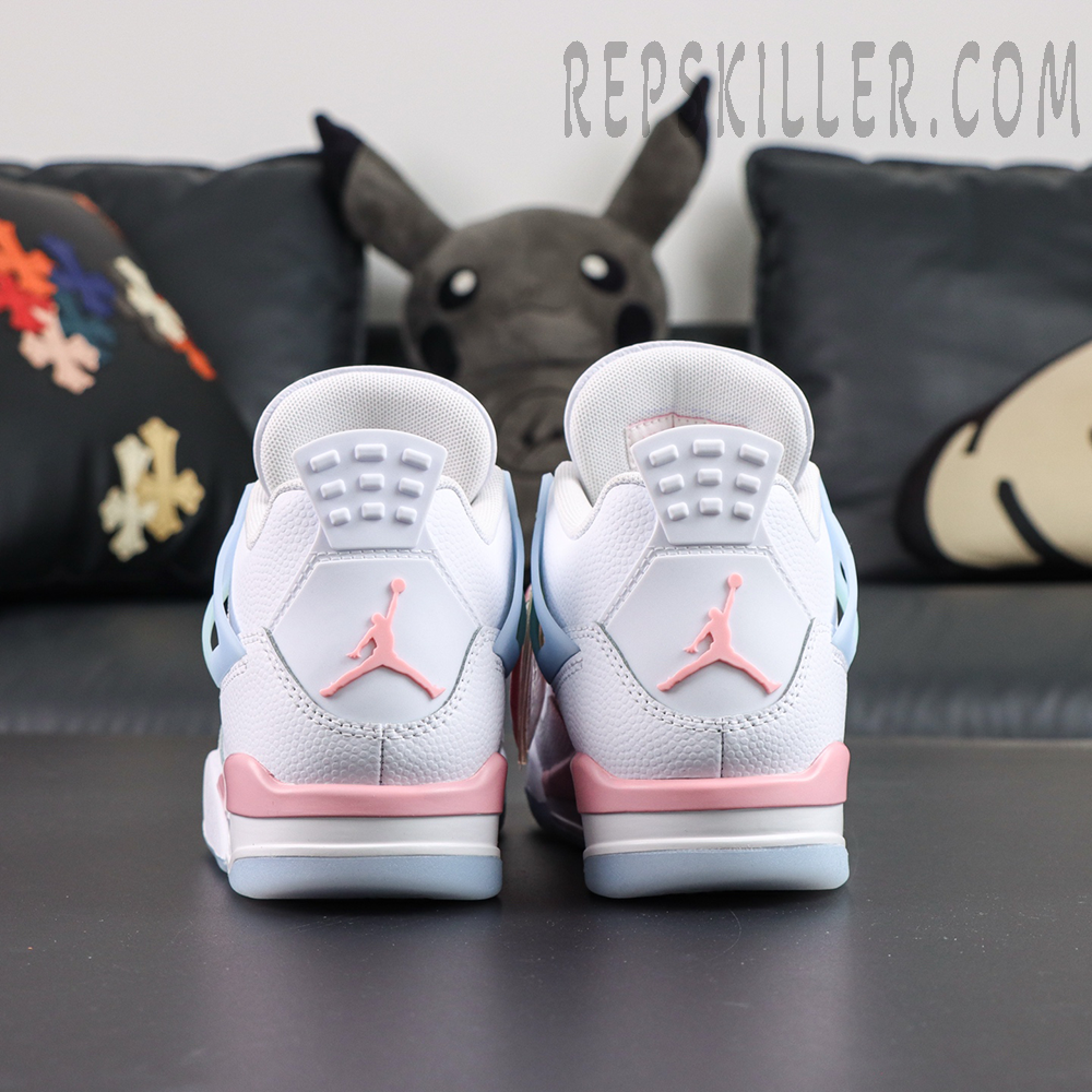 Air Jordan 4 Retro GS “Valentine’s Day” rear view with pink and white midsole plus classic heel tab