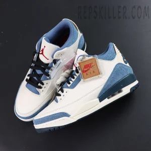 Levi’s x Air Jordan 3 full view with white leather and blue denim panels