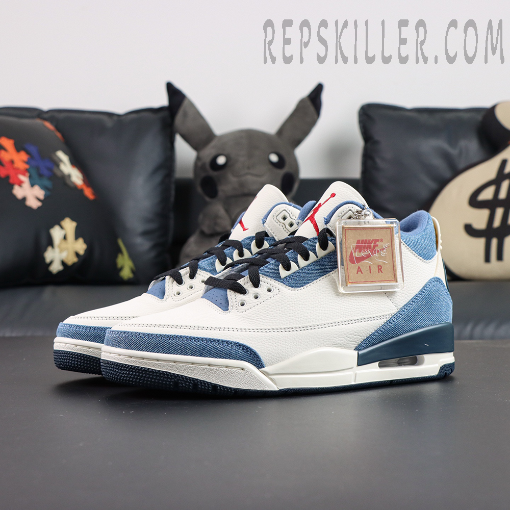 Levi’s x Air Jordan 3 side view with hangtag and visible Air unit