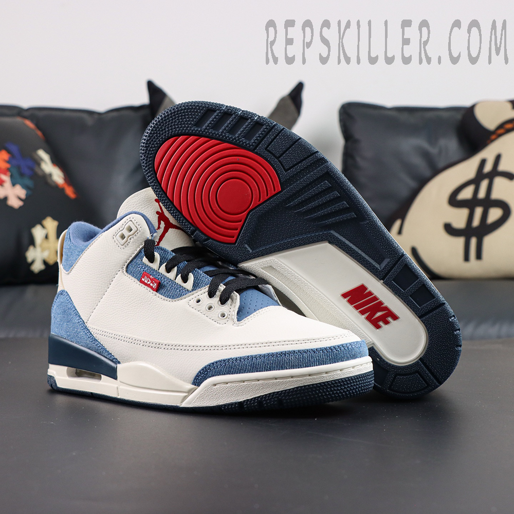 Levi’s x Air Jordan 3 outsole with red pivot circle and traction pattern