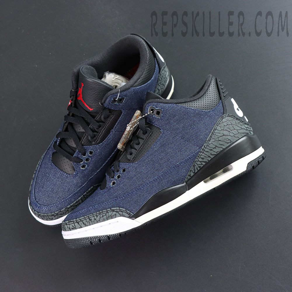 Levi’s x Air Jordan 3 Retro SP “Denim Blue” angled top view featuring dark denim upper and classic elephant print overlays