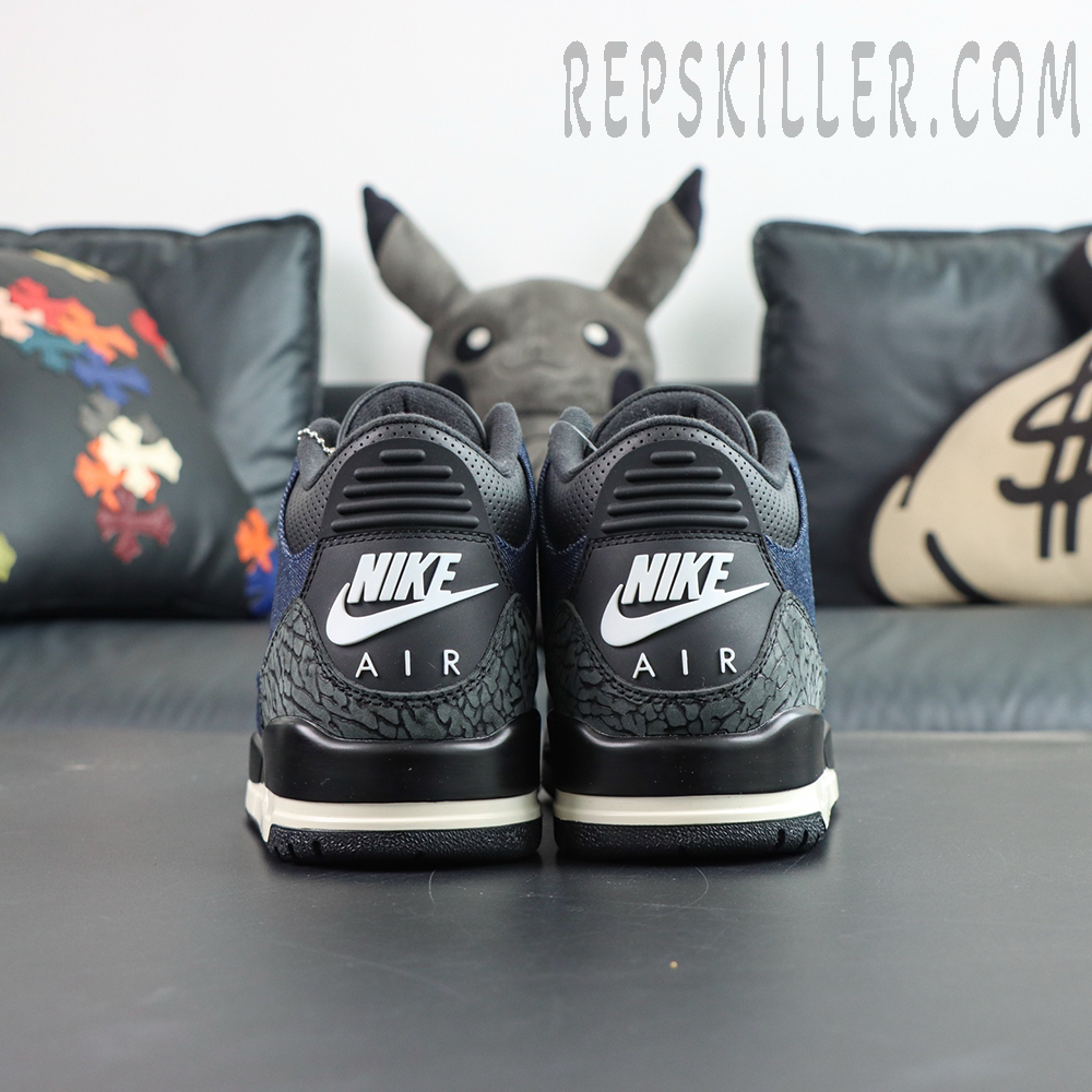 Levi’s x Air Jordan 3 Retro SP “Denim Blue” heel view with white Nike Air branding and black elephant print heel panel
