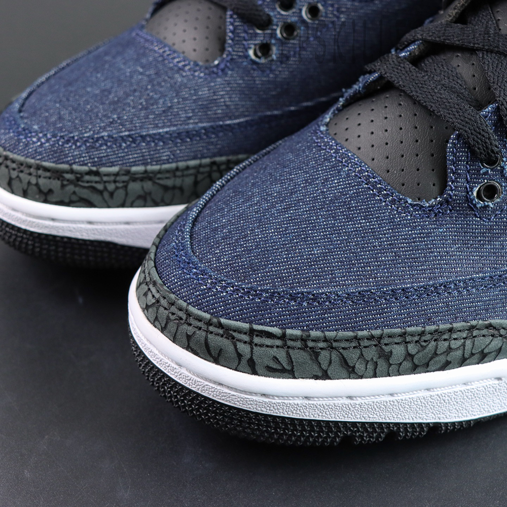 Levi’s x Air Jordan 3 Retro SP “Denim Blue” toe detail showcasing textured denim fabric and elephant print mudguard