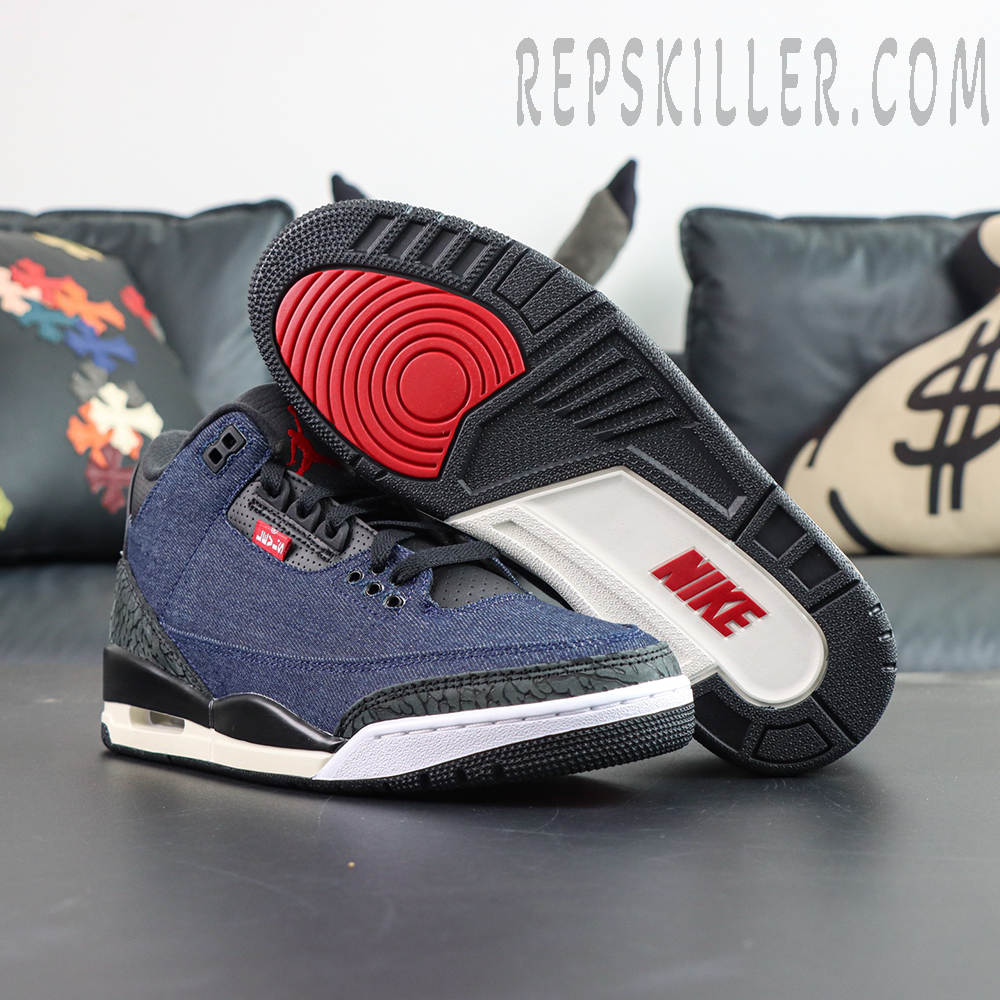 Levi’s x Air Jordan 3 Retro SP “Denim Blue” outsole display with retro-inspired black, white, and red traction design