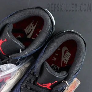 Levi’s x Air Jordan 3 Retro SP “Denim Blue” collar and insole detail with red Jumpman logo and Nike Air insole graphics