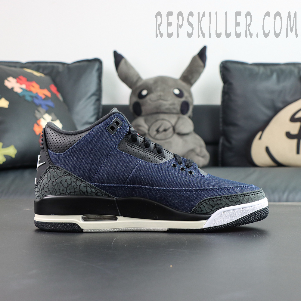 Levi’s x Air Jordan 3 Retro SP “Denim Blue” lateral side view combining low-top AJ3 silhouette with dark denim construction