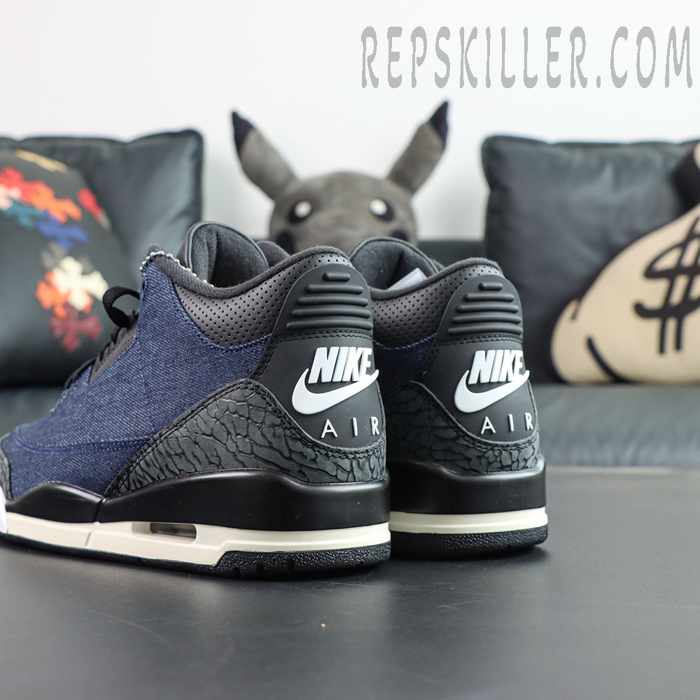 Levi’s x Air Jordan 3 Retro SP “Denim Blue” rear angled view emphasizing Nike Air heel branding and elephant print accents