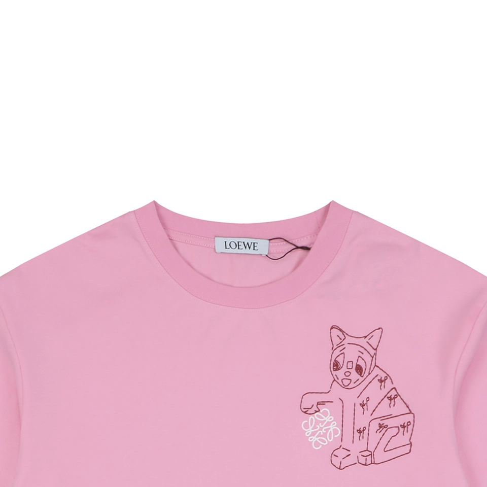 Loewe Anagram Cat Embroidered T-Shirt Pink