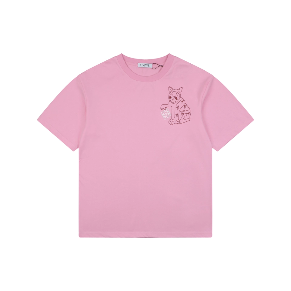 Loewe Anagram Cat Embroidered T-Shirt Pink Front view