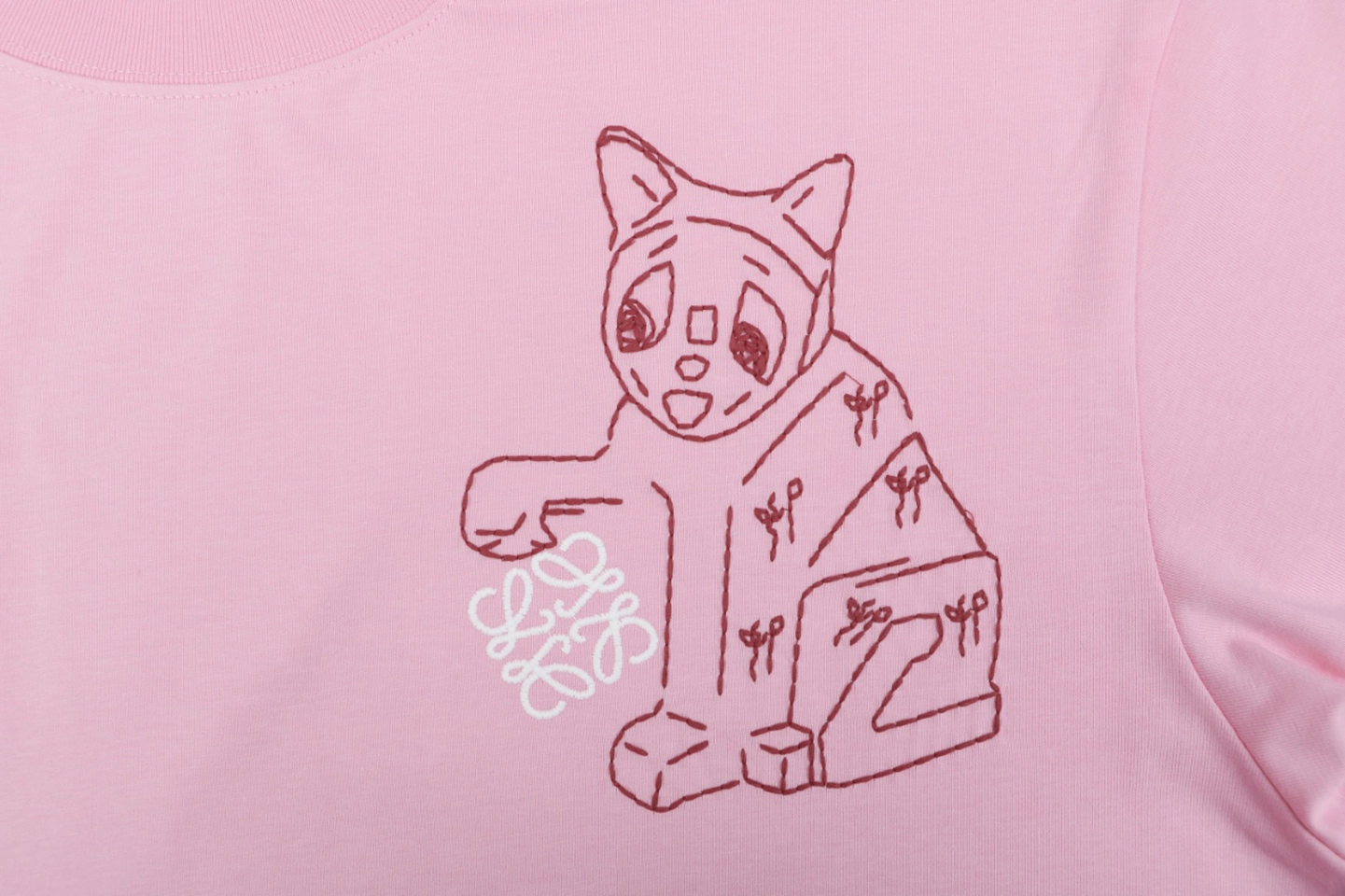 Loewe Anagram Cat Embroidered T-Shirt Pink Front Print