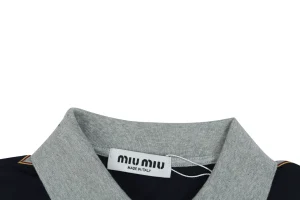Miu Miu Mini Logo Grey-Blue Striped Polo Shirt Collar