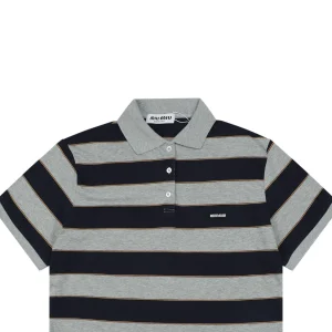 Miu Miu Mini Logo Grey-Blue Striped Polo Shirt
