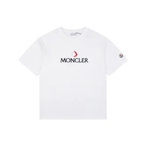 Moncler Red & White Logo Embroidered Oversized T-Shirt White Front view