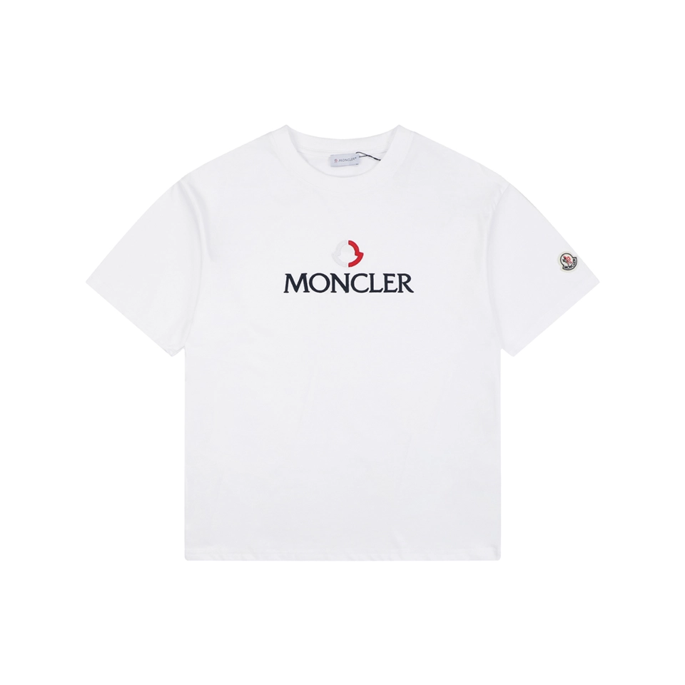 Moncler Red & White Logo Embroidered Oversized T-Shirt White Front view