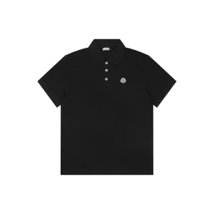 Moncler Signature Badge Button Polo T-Shirt Black Front view