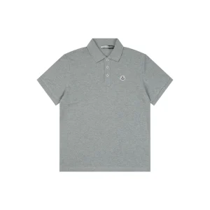 Moncler Signature Badge Button Polo T-Shirt Grey Front view