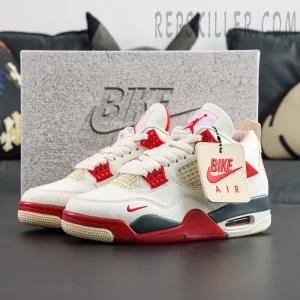 Nigel Sylvester x Air Jordan 4 Retro OG SP “Brick After Brick” front view with red white grey colorway and BIKE AIR hangtag