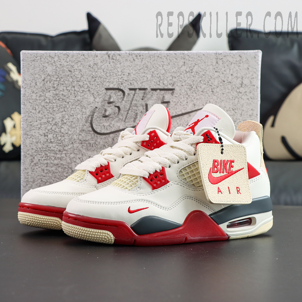 Nigel Sylvester x Air Jordan 4 Retro OG SP “Brick After Brick” front view with red white grey colorway and BIKE AIR hangtag