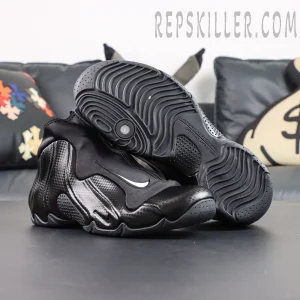 Nike Air Flightposite “Carbon Fiber” outsole view with black swirl traction pattern