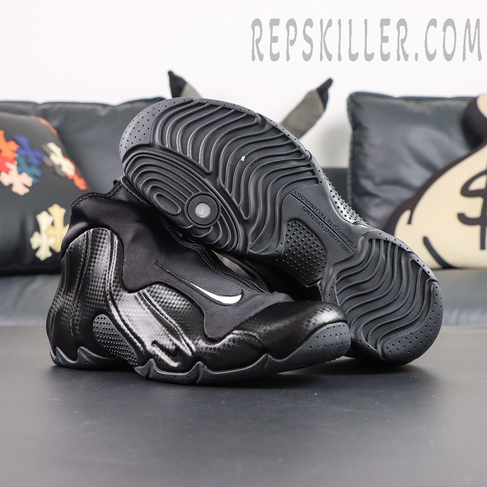 Nike Air Flightposite “Carbon Fiber” outsole view with black swirl traction pattern