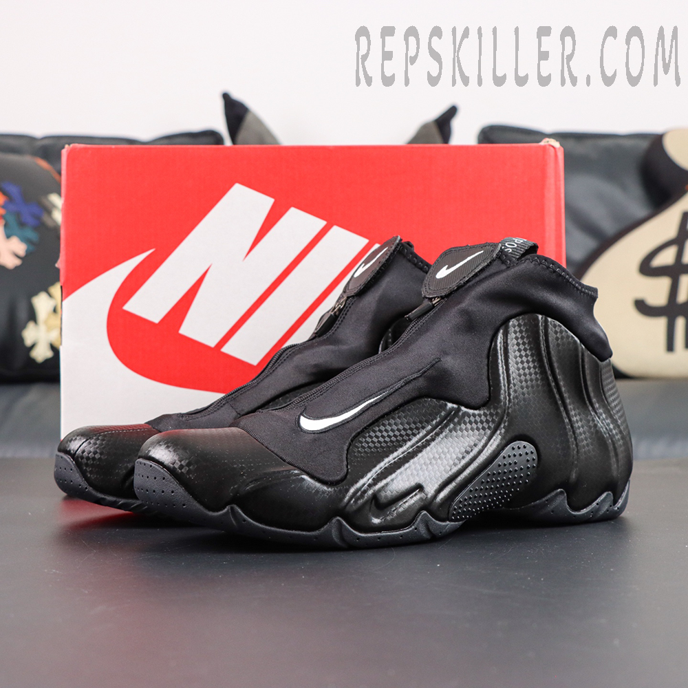 Nike Air Flightposite “Carbon Fiber” side view with carbon fiber shell upper and zip-up shroud