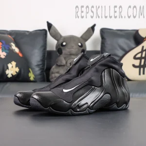 Nike Air Flightposite “Carbon Fiber” pair display with all black futuristic design