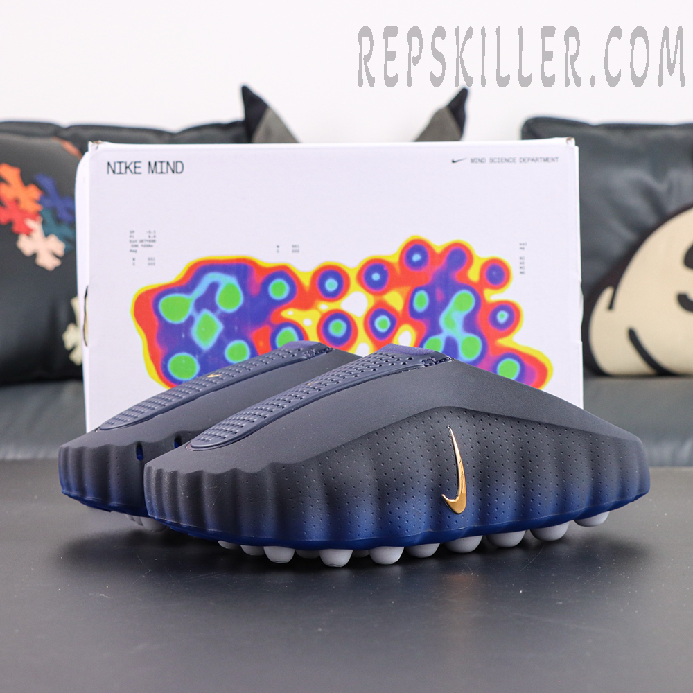 Nike Mind 001 Blackened Blue upper with gold Swoosh and heatmap box