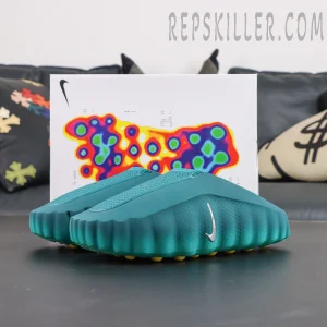 Nike Mind 001 “Geode Teal” pair display with colorful thermal-map inspired shoebox backdrop