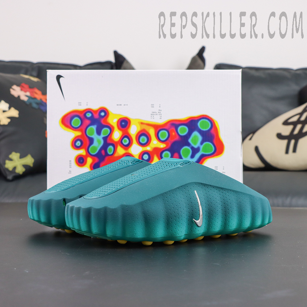 Nike Mind 001 “Geode Teal” pair display with colorful thermal-map inspired shoebox backdrop