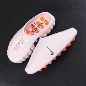 Nike Mind 001 “Pearl Pink” top view with perforated upper and silver Swoosh detail