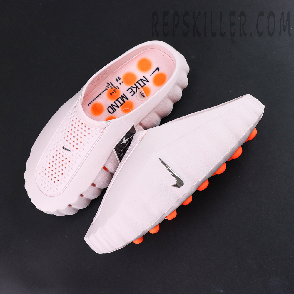 Nike Mind 001 “Pearl Pink” top view with perforated upper and silver Swoosh detail