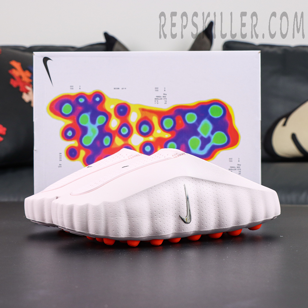Nike Mind 001 “Pearl Pink” pair display with thermal-map inspired shoebox backdrop