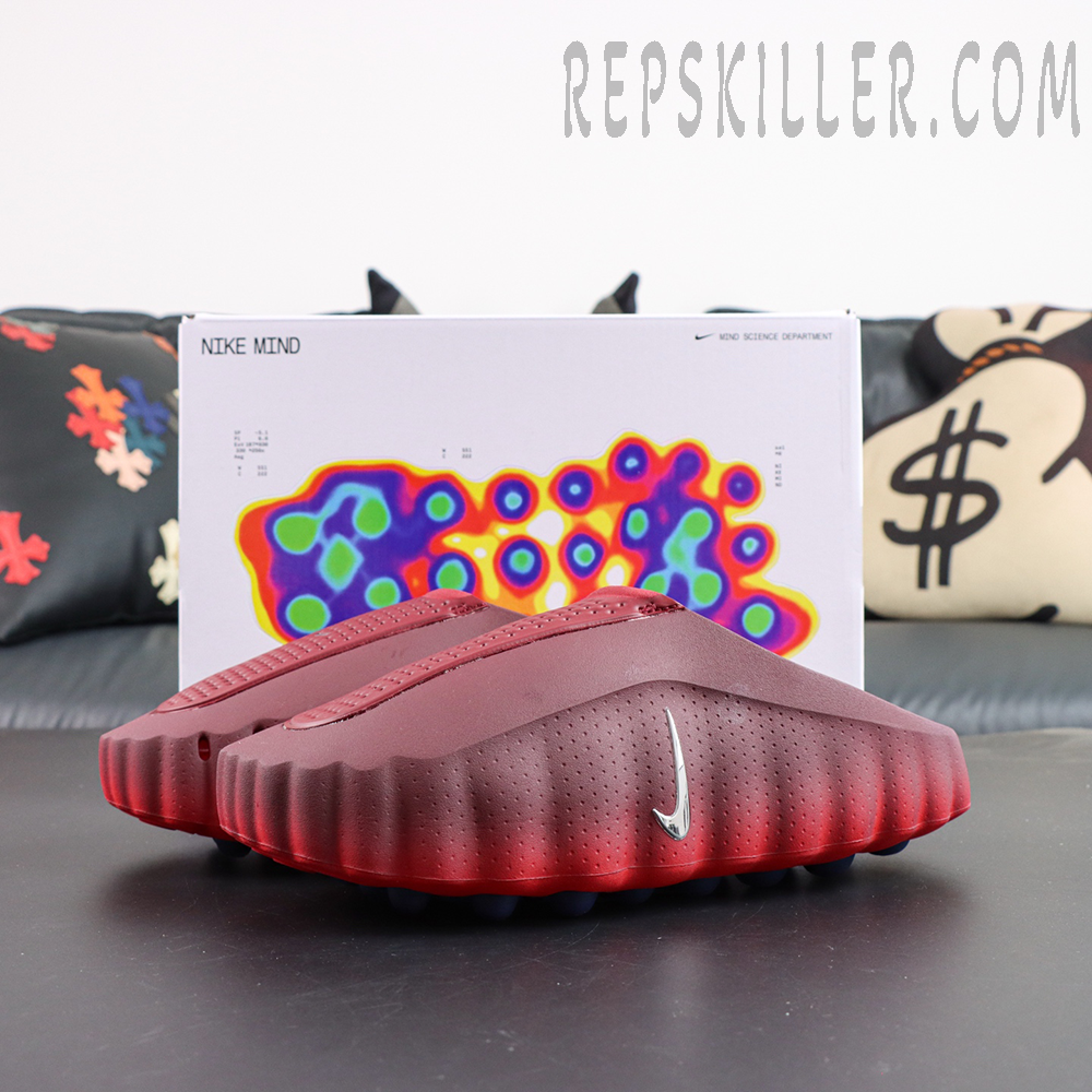 Nike Mind 001 Team Red gradient upper with silver Swoosh and heatmap box
