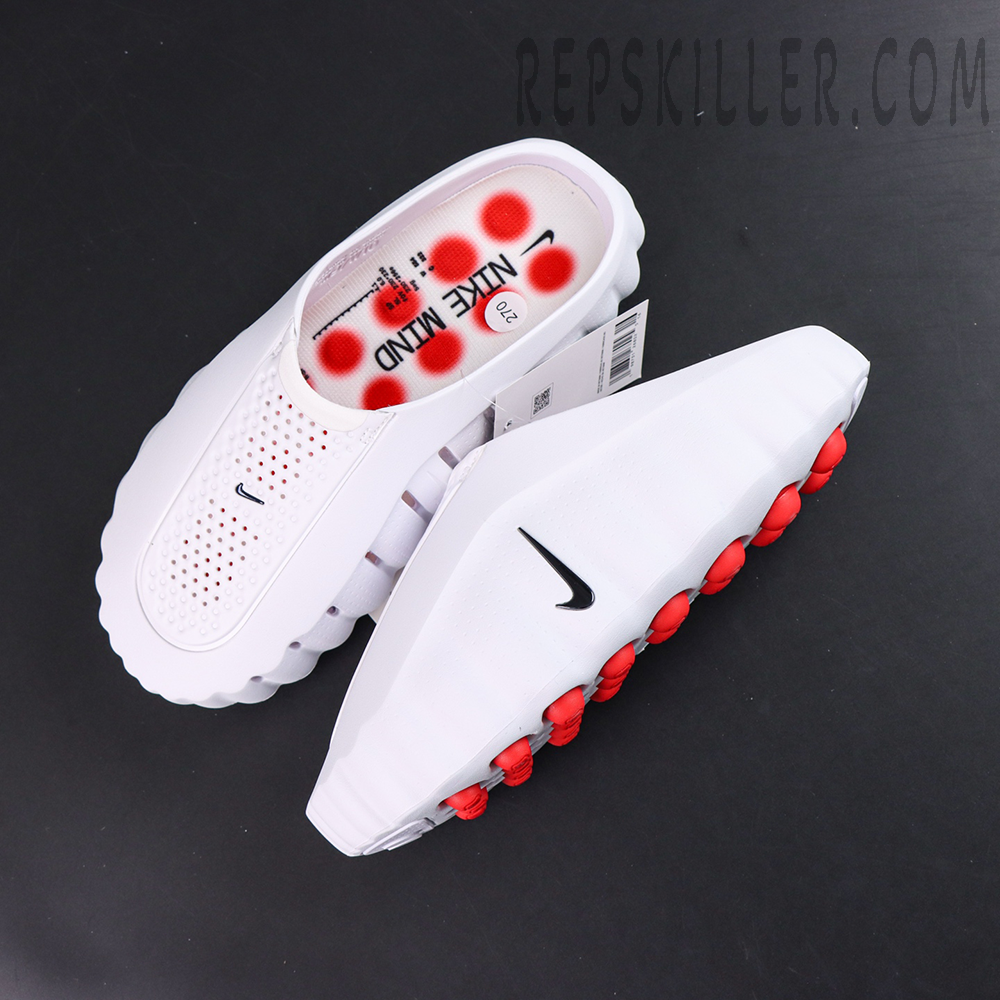 Nike Mind 001 “White Speed Red” top view with white upper and vivid red pod outsole