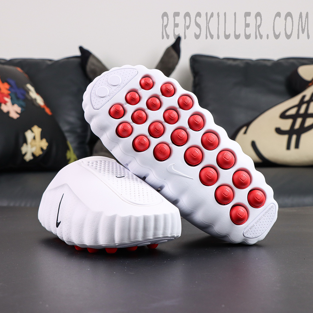 Nike Mind 001 “White Speed Red” front view with minimal white upper and sculpted wavy outsole