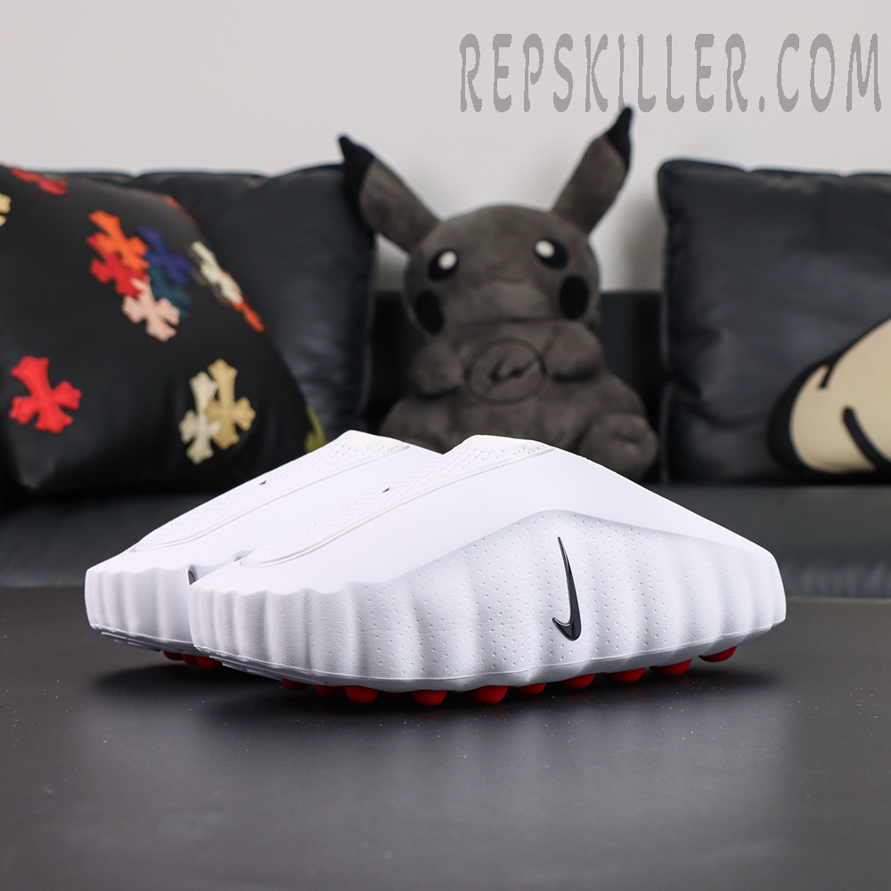 Nike Mind 001 “White Speed Red” pair display with white upper and red independent cushioning pods