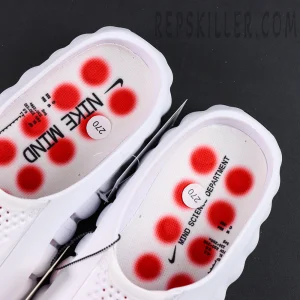 Nike Mind 001 “White Speed Red” insole detail with Mind Science Department red dot graphics