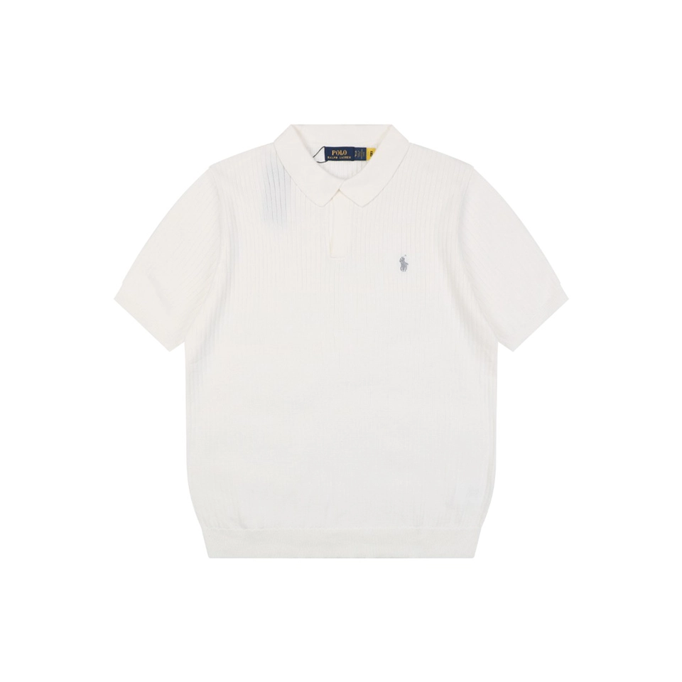 Ralph Lauren Ribbed Pony Logo Knit Polo T-Shirt White Front view