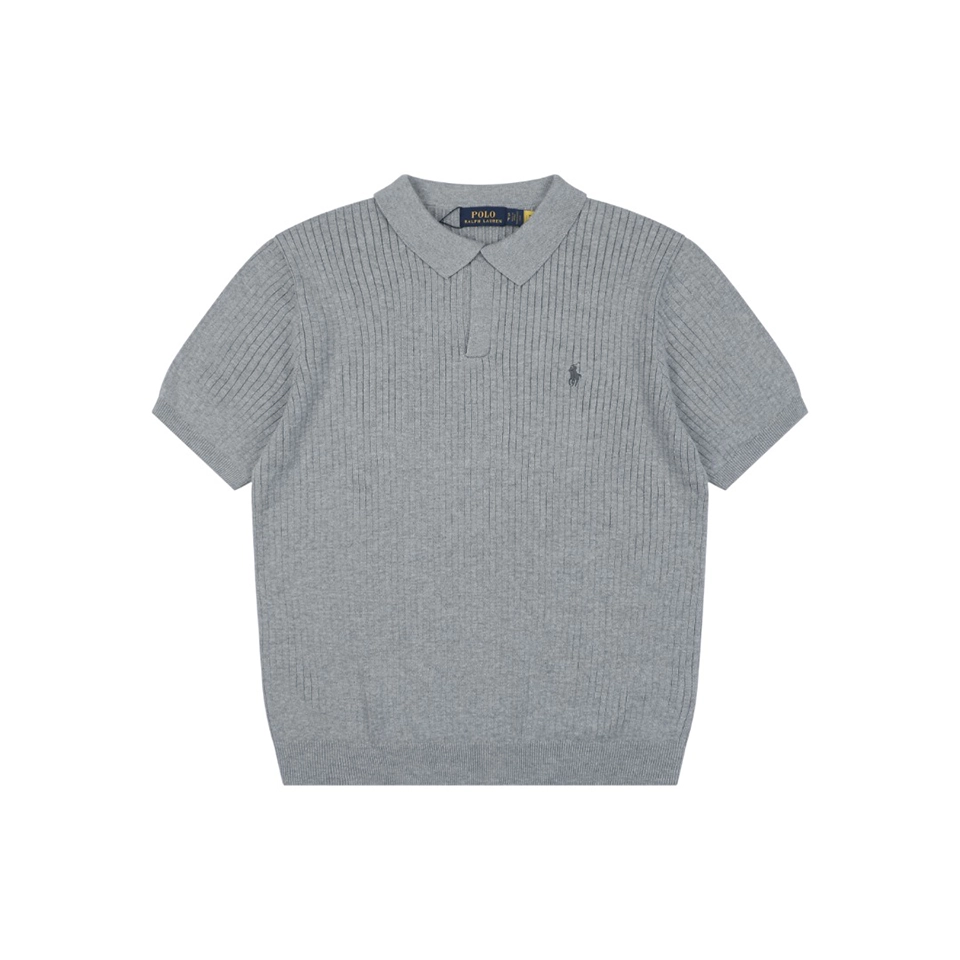 Ralph Lauren Ribbed Pony Logo Knit Polo T-Shirt Grey