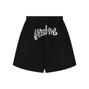 We11done Distressed Gothic Logo Shorts Front view