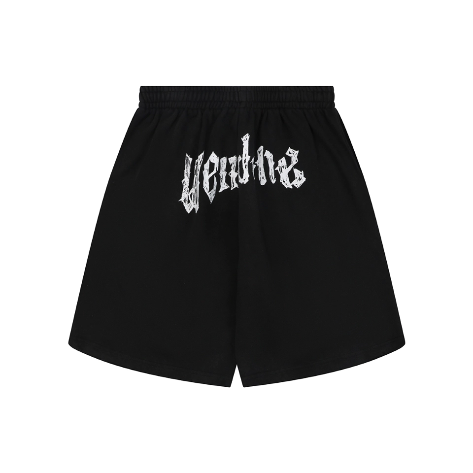 We11done Distressed Gothic Logo Shorts Front view